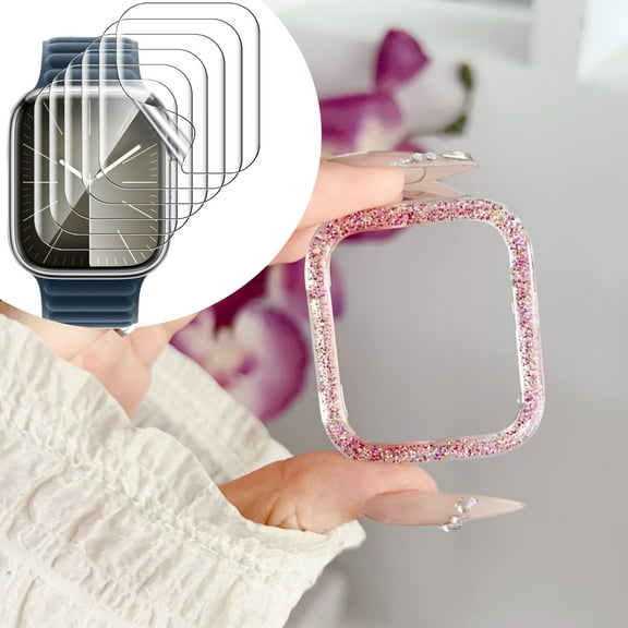 Dwitch 1 Pack Bling Glitter PC Face Case Bumper Cover for Apple iWatch Series 9/8/7 45mm,6 Pack Transparent Soft Film, PC Material with Sparkling Glitter Watch Case Border for Women,Colorful