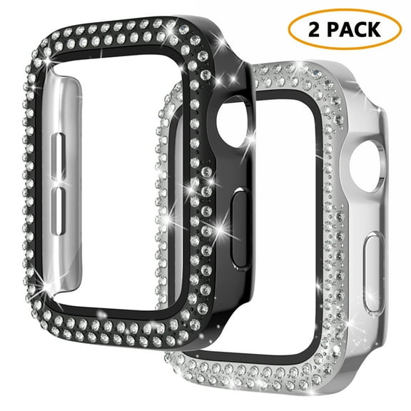 Dwitch 2 Pack Case Comepatible with Apple Watch Series 3/2/1 42mm for Women Girls,Bling Rhinestone Diamond Case with Screen Protector Cover for iWatch Series 3 2 1 (42mm,Black+Silver)