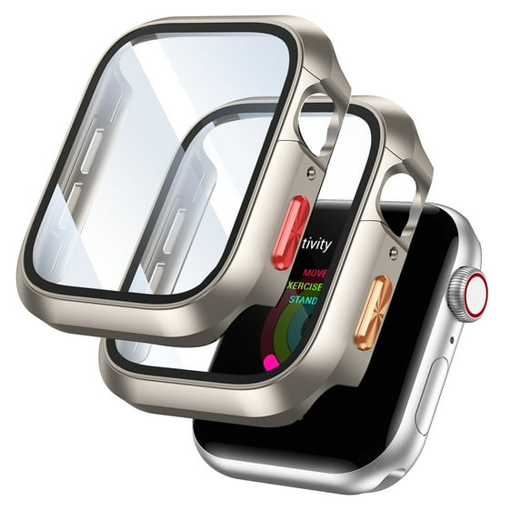 Dwitch 2 Pack Hard Case Designed for Apple Watch Ultra 2, 9H Tempered Glass Screen Protector Scratch-Resistant Cover with Red/Orange Buttons for Apple Watch Ultra 49mm,Starlight