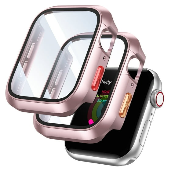 Dwitch 2 Pack Hard Case Designed for Apple Watch Ultra 2, 9H Tempered Glass Screen Protector Scratch-Resistant Cover with Red/Orange Buttons for Apple Watch Ultra 49mm,Rosegold