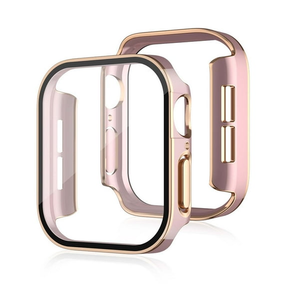 Dwitch 2-Pack Plated Hard Bumper Case Compatible with Apple Watch Series 9/8/7 41mm,Waterproof PC Case with Glass Screen Protector Face Cover Fits for iWatch Series 9/8/7 41mm,Pink+Rosegold