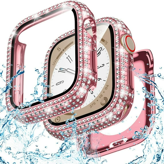 Dwitch 2-in-1 Waterproof Bling Bumper Case with Screen Protector for Apple iWatch Series 10 46mm, 2-Packs Glitter Rhinestone Face Cover for iWatch Series 10 46mm Accessories,Pink