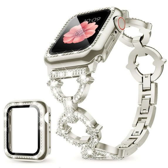 Dwitch Apple Watch Series SE/6/5/4 Band & Case,Bling Diamond Jewelry Metal Strap Band with 1 Pack Tempered Glass Screen Protector Cover Women Girl Bracelet Wristbands for iWatch 40mm,Starlight