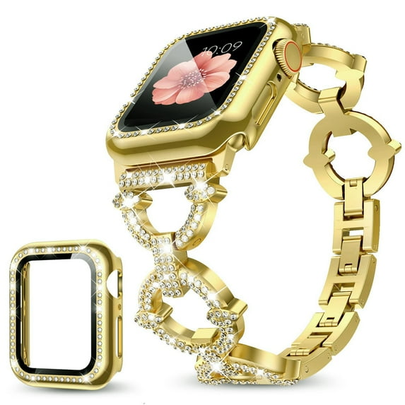 Dwitch Apple Watch Series SE/6/5/4 Band & Case,Bling Diamond Jewelry Metal Strap Band with 1 Pack Tempered Glass Screen Protector Cover Women Girl Bracelet Wristbands for iWatch 40mm,Gold
