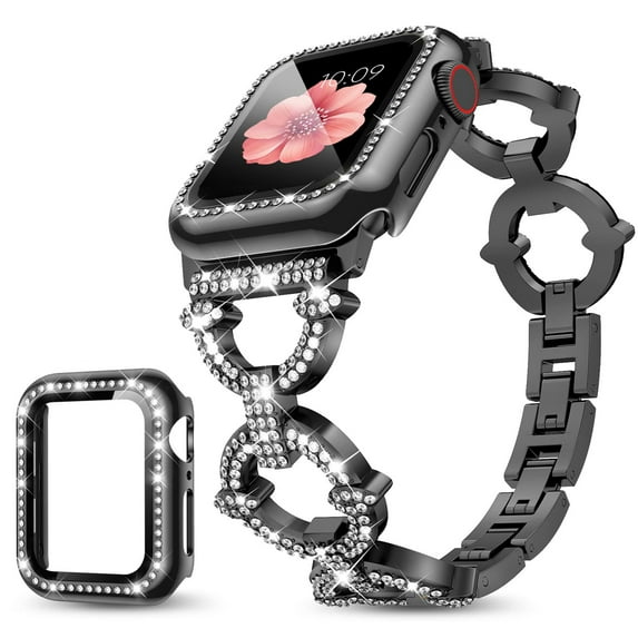 Dwitch Apple Watch Ultra 2 / 1 Band & Case,Bling Diamond Jewelry Metal Strap Band with 1 Pack Tempered Glass Screen Protector Cover Women Girl Bracelet Wristbands for iWatch 49mm,Black