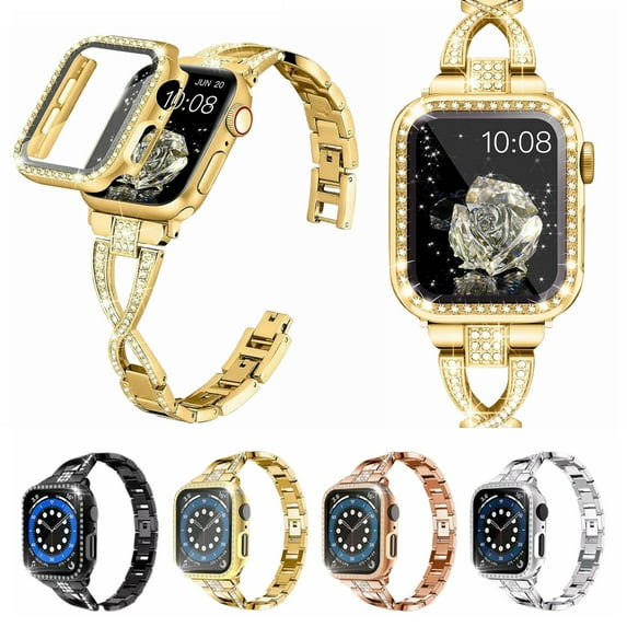 Dwitch Bling Band+Full Case for Apple Watch Series Ultra 2/1 49mm for Women Girls,Glitter Diamond Metal Adjustable Bracelet Band & Cover for iWatch Series Ultra 2/1 49m,Gold Strap+Case