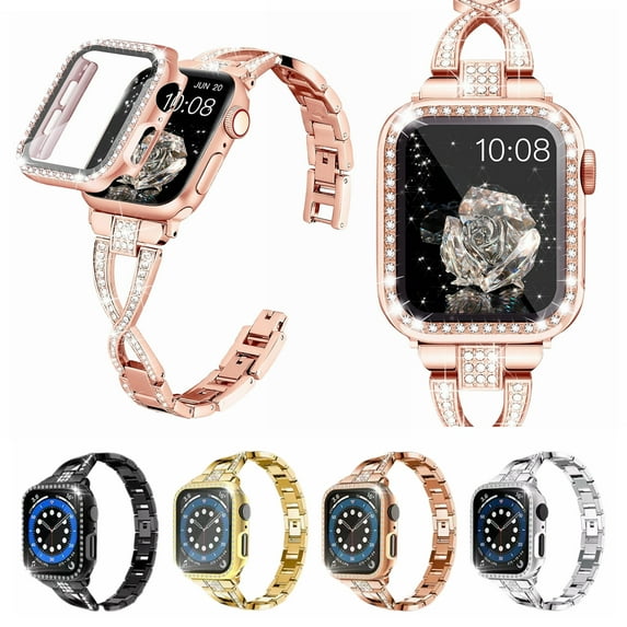 Dwitch Bling Band+Full Case Compatible with Apple Watch Series 6/5/4/SE 44mm for Women Girls,Glitter Diamond Metal Adjustable Bracelet Band & Cover for iWatch Series 6/5/4/SE 44mm,Rosegold Strap+Case