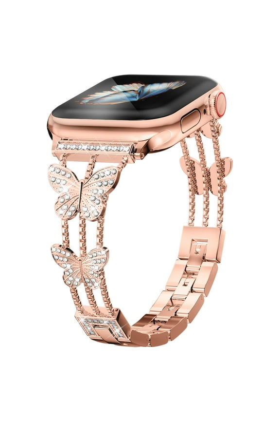 Butterfly Band Compatible with Apple Watch Bands 49mm 45mm 44mm 42mm for Women iWatch SE Series 9 8 7 6 5 4 3 Ultra 2/1, Slim Thin Fancy Bling Dressy Chain Strap for Apple Watch Band,Rosegold