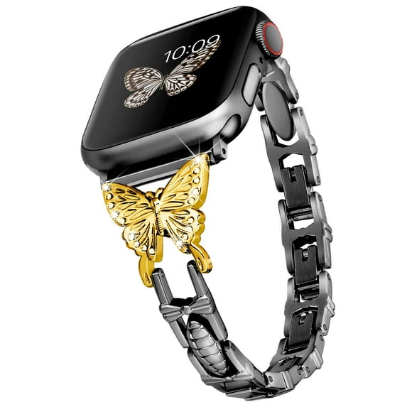 Dwitch for The Butterfly Bracelet Compatible with Apple Watch Straps at 41/40/38mm, with Sparkling Diamonds Decorative Strap, Replacement for iWatch Series 9/8/7/SE/6/5/4/3/2/1,Black+Gold
