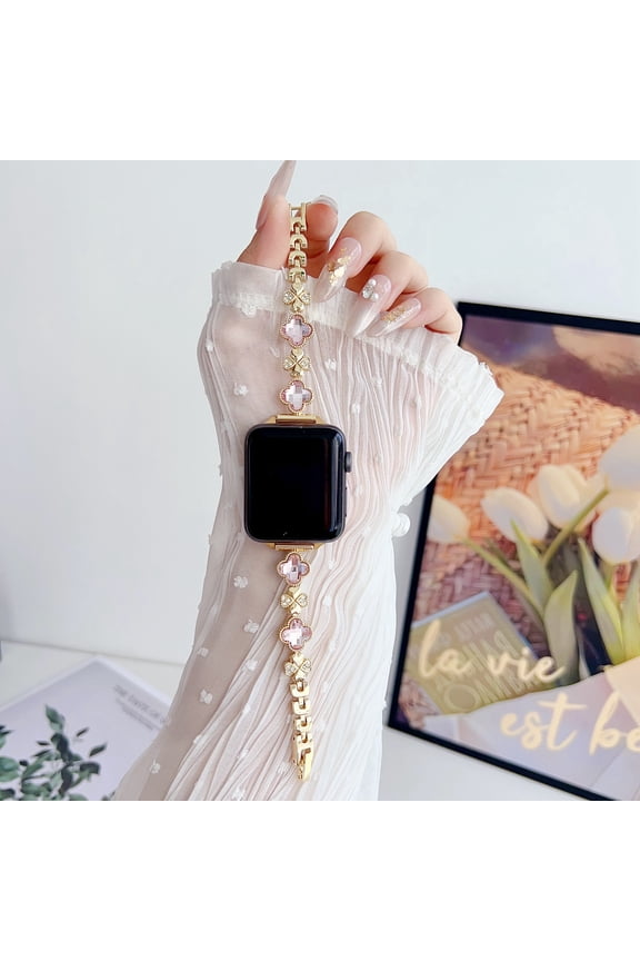 Clover Diamond Band for Apple Watch 49mm 45mm 44mm 42mm, Lightweight for Women, Easy Adjustable Bracelet, Shiny Diamond Jewelry Metal Strap,Gold+Pink