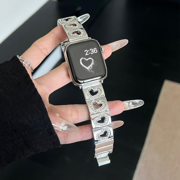 Dwitch Compatible with Apple Watch Bands 38/40/41/42mm(S10) for Women, Heart-shaped Shiny Bracelets Wristband, Metal Bands Bling Diamond Strap Fits for iWatch Series 10/9/8/SE/7/6/5/4/3/2/1,Silver