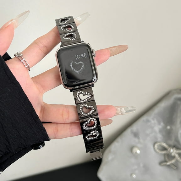 Dwitch Compatible with Apple Watch Bands 42/44/45/46/49mm for Women,Heart-shaped Shiny Bracelets Wristband, Metal Band Bling Diamond Strap Fits for iWatch Series 10/9/8/SE/7/6/5/Ultra,Black