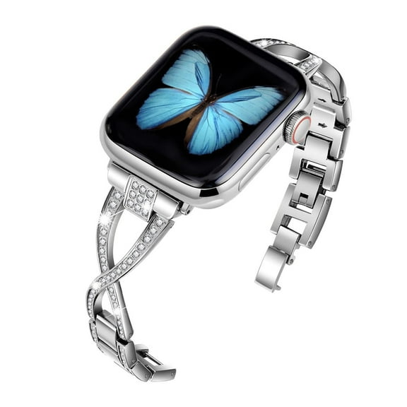 Dwitch Compatible with Apple Watch Bling Band Strap 38mm/40mm/41mm,Womens Girls Shiny Rhinestone Metal Wristband Bling Glitter Strap for Apple Watch Series 9 8 7 6 5 4 3 2 1 SE,Silver