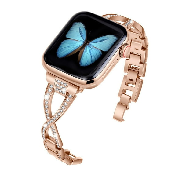 Dwitch Compatible with Apple Watch Bling Band Strap 42mm/44mm/45mm/49mm,Womens Girls Shiny Rhinestone Metal Wristband Bling Glitter Strap for Apple Watch Series 9 8 7 6 5 4 3 2 1 SE,Rosegold