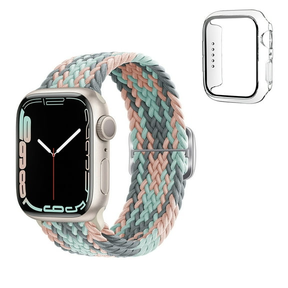 Dwitch Compatible with Apple Watch Series 9/8/7 Band & Case,Braided Elastic Solo Loop Nylon Band Strap Sports Women Men Kids Wristbands Straps for iWatch 45mm,Coral