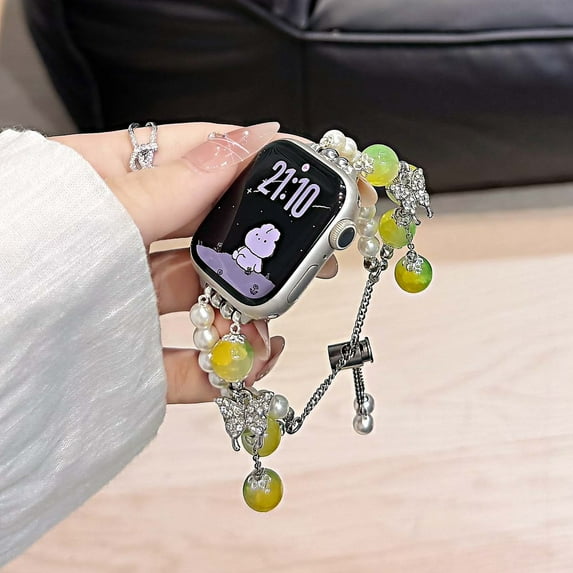 Dwitch Elegant Butterfly Pearl Chain Watch Band Compatible for Apple Watch 42/44/45/46/49mm Band,Bling Crystal Pearl Beads Bracelet Strap fits for iWatch Series Ultra SE 10 9 8 7 6 5 4 3 2 1,A