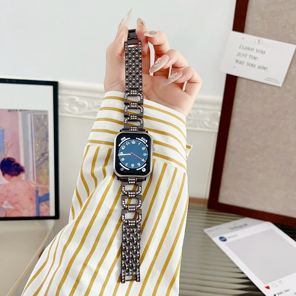 Dwitch Elegant Metal Strap for Apple Watch Band 38mm 40mm 41mm 42mm(Series 10), Stylish Fashion Bracelet Strap for Women, Adjustable Clasp,Crystal Chain Link Design for iWatch Series 1-10 SE, Black