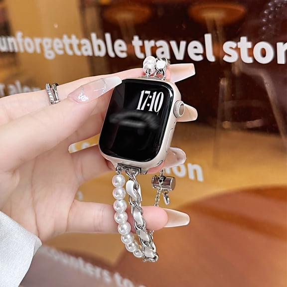 Dwitch Elegant Pearl Bracelet Band Compatible with Apple Watch 42/44/45/46/49mm, Adjustable Slim Fashion PU Leather Chain Strap with Metal Clasp, fits for iWatch Series 10/9/8/7/6/5/4/3/2/1/SE,White
