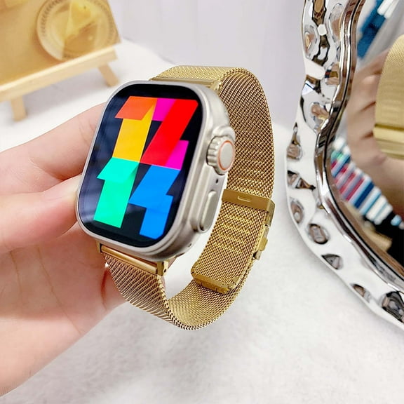 Dwitch Fashion Business Metal Watch Band for iWatch Series 10 9 8 7 6 5 4 3 2 1 SE Ultra with Double Button Clasp, Slim Metal Strap for Apple Watch 38mm 40mm 41mm 42mm,Non-Magnetic Watch Band,Gold