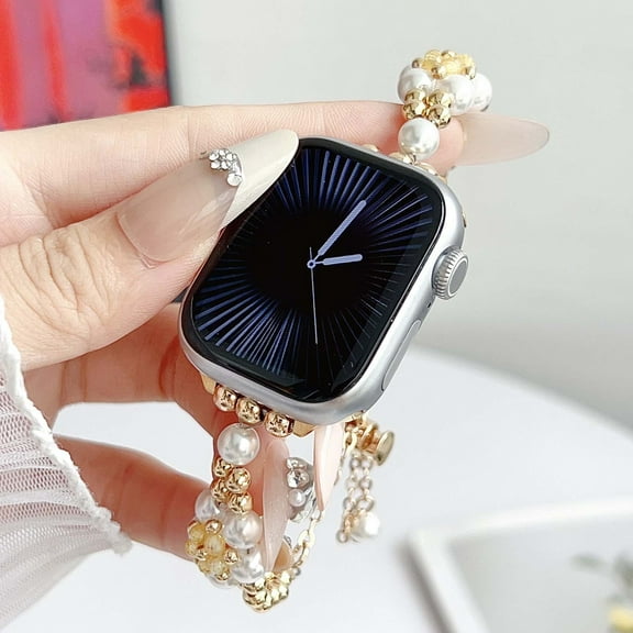 Dwitch Fashion Flower Pearl Metal Watch Strap Band fits for iWatch Series SE Ultra 10 9 8 7 6 5 4 3 2 1,Elegant Breathable Adjustable Bracelet Compatible with Apple Watch Series 10 (46mm),Gold