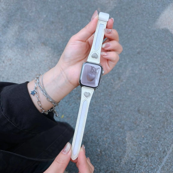 Dwitch Genuine Leather Watch Band with Magnetic Clasp for iWatch Series 10 9 8 7 6 5 4 SE 3 2 1, Fashion Leather Magnetic Band Heart Accent Strap for Apple Watch 38mm 40mm 41mm 42mm for Women,White