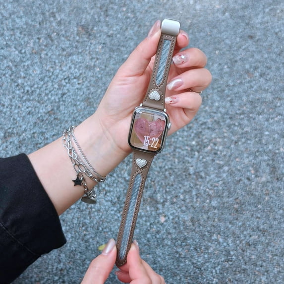 Dwitch Genuine Leather Watch Band with Magnetic Clasp for iWatch Series Ultra 10 9 8 7 6 5 4 SE 3 2 1,Fashion Leather Magnetic Band Heart Accent Strap for Apple Watch 42/44/45/46/49mm for Women,Gray