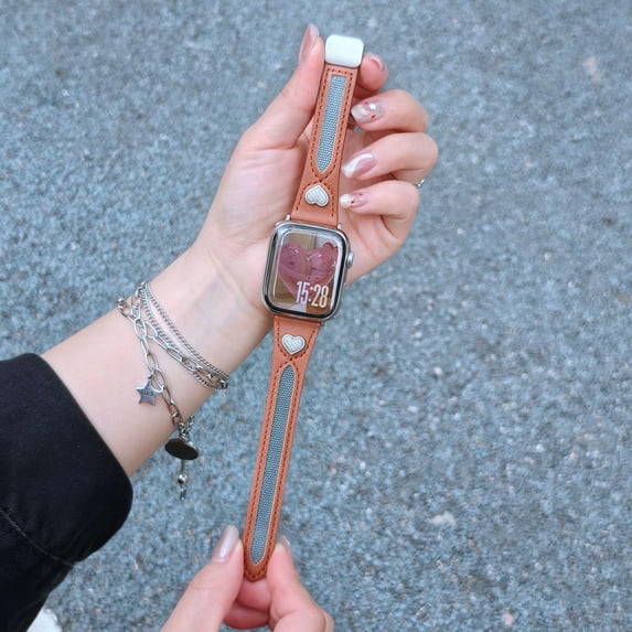 Dwitch Genuine Leather Watch Band with Magnetic Clasp for iWatch Series Ultra 10 9 8 7 6 5 4 SE 3 2 1,Fashion Leather Magnetic Band Heart Accent Strap for Apple Watch 42/44/45/46/49mm for Women,Brown