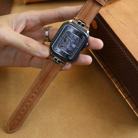 Dwitch Leather Bands Compatible with Apple Watch 49mm 45mm 44mm 42mm, Classic Vintage Leather with Silver Buckle for Apple iWatch Series Ultra 9/8/7/6/5/4/3/2/1/SE,Brown