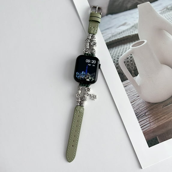Dwitch Leather silver Vintage Strap for Apple Watch 41mm 40mm 38mm, Lightweight for Women Handmade Metal Beaded Wristband Jewelry Bracelet Strap for iWatch Series 9 8 7 6 5 4 3 2 1 SE,Green