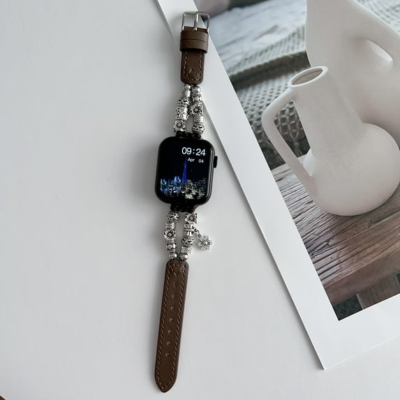 Dwitch Leather silver Vintage Strap for Apple Watch 42/44/45/49mm, Lightweight for Women Handmade Metal Beaded Wristband Jewelry Bracelet Strap for iWatch Series 9 8 6 3 2 SE Ultra,Coffee