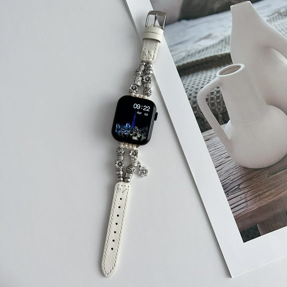 Dwitch Leather silver Vintage Strap for Apple Watch 42/44/45/49mm, Lightweight for Women Handmade Metal Beaded Wristband Jewelry Bracelet Strap for iWatch Series 9 8  6 3 2 SE Ultra,White