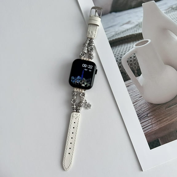 Dwitch Leather silver Vintage Strap for Apple Watch 42/44/45/49mm, Lightweight for Women Handmade Metal Beaded Wristband Jewelry Bracelet Strap for iWatch Series 9 8  6 3 2 SE Ultra,White