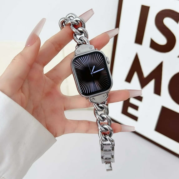 Dwitch Luxury Chunky Chain Metal Watch Band for Apple Watch Series 10 9 8 7 6 5 4 3 SE 2 1 , Stylish Glossy Link Bracelet Strap with Polished Clasp, for iWatch Series 38mm 40mm 41mm 42mm Band,Silver
