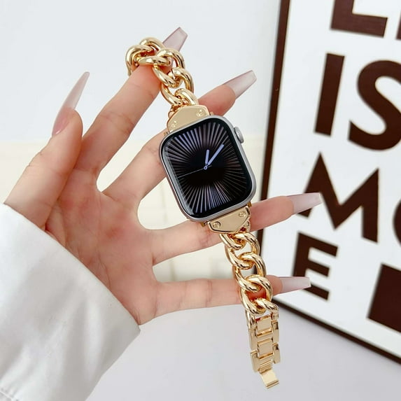Dwitch Luxury Chunky Chain Metal Watch Band for Apple Watch Series 10 9 8 7 6 5 4 3 SE 2 1 , Stylish Glossy Link Bracelet Strap with Polished Clasp, for iWatch Series 38mm 40mm 41mm 42mm Band,Gold
