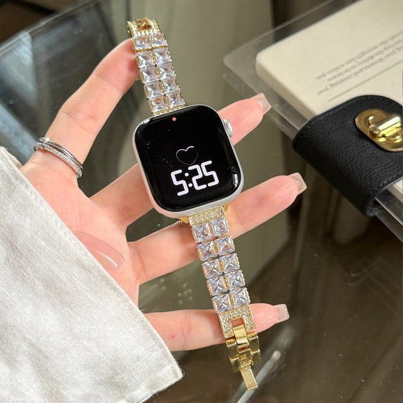 Dwitch Luxury Metal Watch Band with Sparkling Zircon Diamonds for Apple Watch Series Ultra 10 9 8 7 6 SE 5 4 3 2 1,Fashion Adjustable Strap for Women, fit for iWatch Band 42/44/45/46/49mm,Gold