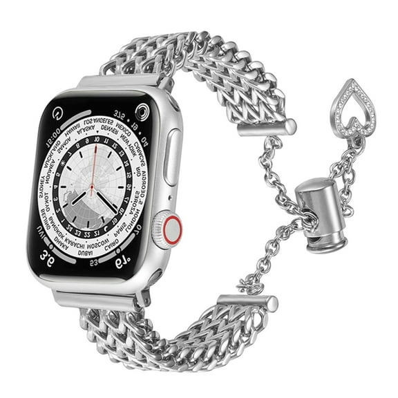 Dwitch Luxury Stainless Steel Metal Watch Strap,Fashion Rugged Chain Band for Apple Watch Series 10/9/8/7/6/SE/5/4/3/2/1, Adjustable Heart Charm Design, 38/40/41/42mm Dressy Watch Band,Silver