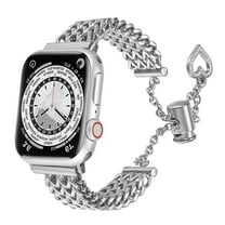 Dwitch Luxury Stainless Steel Metal Watch Strap,Fashion Rugged Chain Band for Apple Watch Ultra, Series 10/9/8/7/6/SE/5/4/3/2/1, Adjustable Heart Charm Design, 42/44/45/49mm Dressy Watch Band,Silver