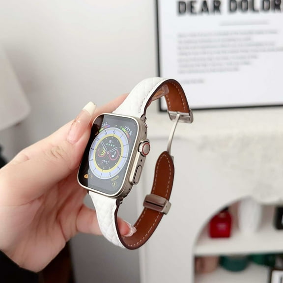 Dwitch Slim Diamond Pattern Strap Compatible with iWatch Series 10 9 8 7 6 5 4 SE Ultra Thin Leather Watch Band with Magnetic Buckle,Fashion Business Wristband for Women 38/40/41/44/45/49mm,White