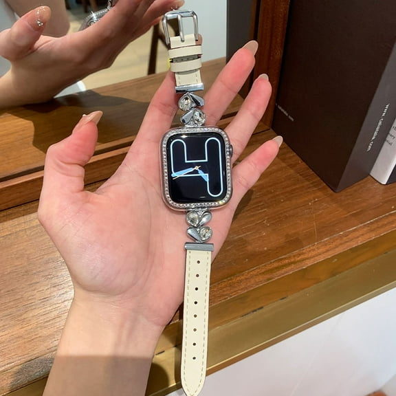 Dwitch Slim Fashion PU Leather Band for Apple Watch 42mm/44mm/45mm/46mm/49mm, Elegant Strap with Rhinestone Heart Connector Compatible with iWatch Series 10/9/8/7/6/5/4/3/2/1 SE1 SE2 Ultra 2/1,White