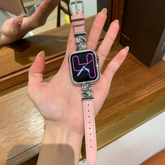 Dwitch Slim Fashion PU Leather Band for Apple Watch 42mm/44mm/45mm/46mm/49mm, Elegant Strap with Rhinestone Heart Connector Compatible with iWatch Series 10/9/8/7/6/5/4/3/2/1 SE SE2 Ultra 2/1,Pink