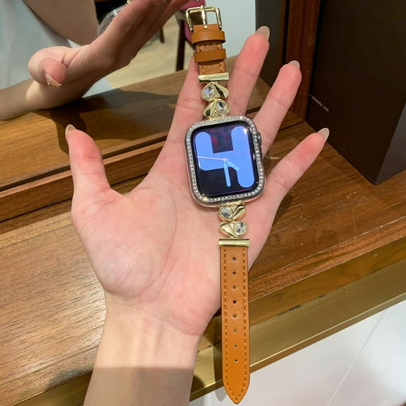 Dwitch Slim Fashion PU Leather Band for Apple Watch 42mm/44mm/45mm/46mm/49mm, Elegant Strap with Rhinestone Heart Connector Compatible with iWatch Series 10/9/8/7/6/5/4/3/2/1 SE1 SE2 Ultra 2/1,Brown