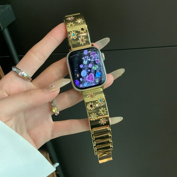 Dwitch Star Bracelet Compatible with Appel Watch Band 38mm 40mm 41mm iWatch Bands Series 9 8 7 6 5 SE, Bling Colorful Diamond Metal Strap for Women Dressy Jewelry Bangle Wristband,Gold