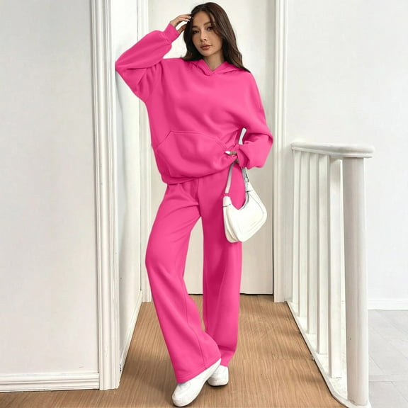 Dwralegc 2 Piece Outfits Women Sweatsuits Fleece Long Sleeve Pullover Hoodies Casual Drawstring Wide Leg Sweatpants Sport Fashion Fall Winter Sweatsuit Tracksuit with Pockets Hot Pink 2XL