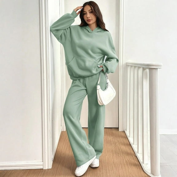Dwralegc 2 Piece Outfits Women Sweatsuits Long Sleeve Fleece Hooded Sweatshirt Loose Drawstring Wide Leg Sweatpant Running Relaxed Fit Fall Winter Sweatsuit with Pockets Army Green L