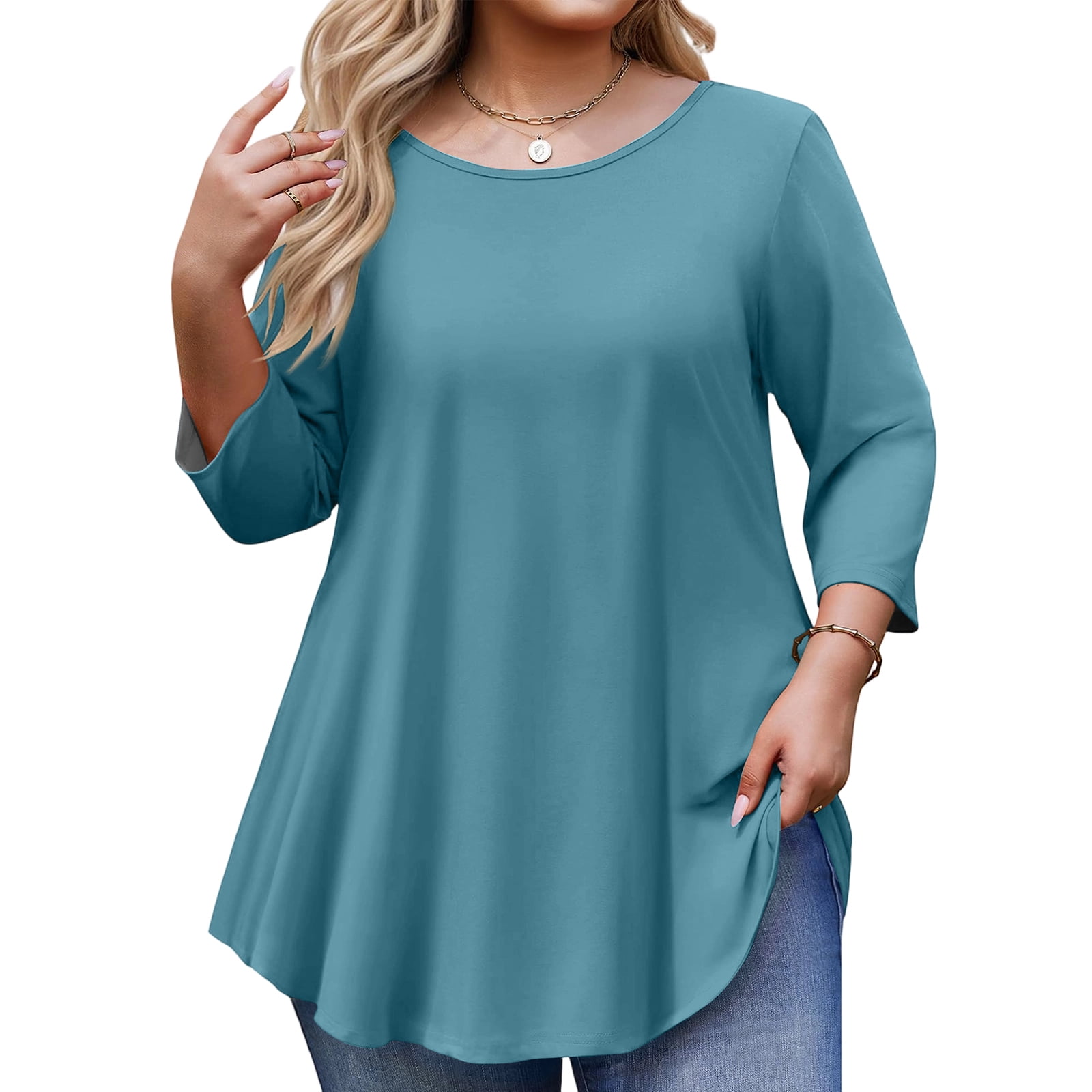 Dwralegc 3/4 Length Sleeve Tops for Women Crewneck Tunic Basic Shirts ...