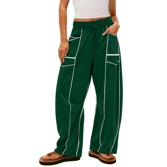 Dwralegc Barrel Sweatpants Women Wide-Leg High Waisted Sweatpant Baggy Color Block Lounge Pants Athletic Drawstring Trendy Trouser with Pockets Dark Green XL