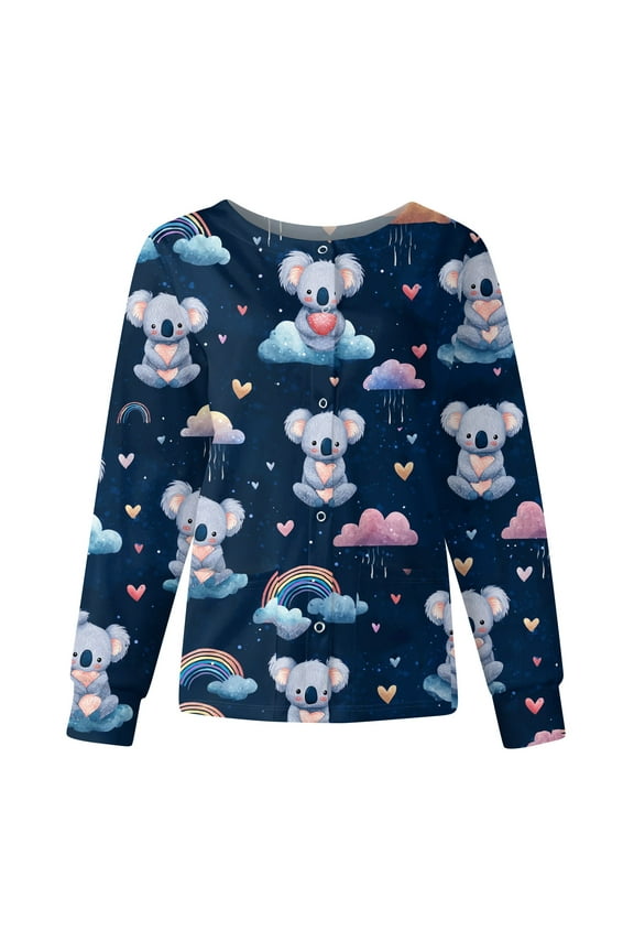 Blue Scrub Jackets for Woman Stretchy Nurse Jacket Cute Cartoon Printed Long Sleeve Scrub Tops Snap Front Working Nursing Uniforms Blue S