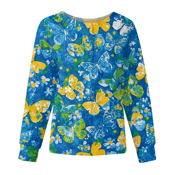 Dwralegc Blue Scrubs Sets for Women Crew Neck Long Sleeve Snap Front Nursing Uniform Cute Cartoon Printed Working Stretchy Nurse Jacket Blue 2XL