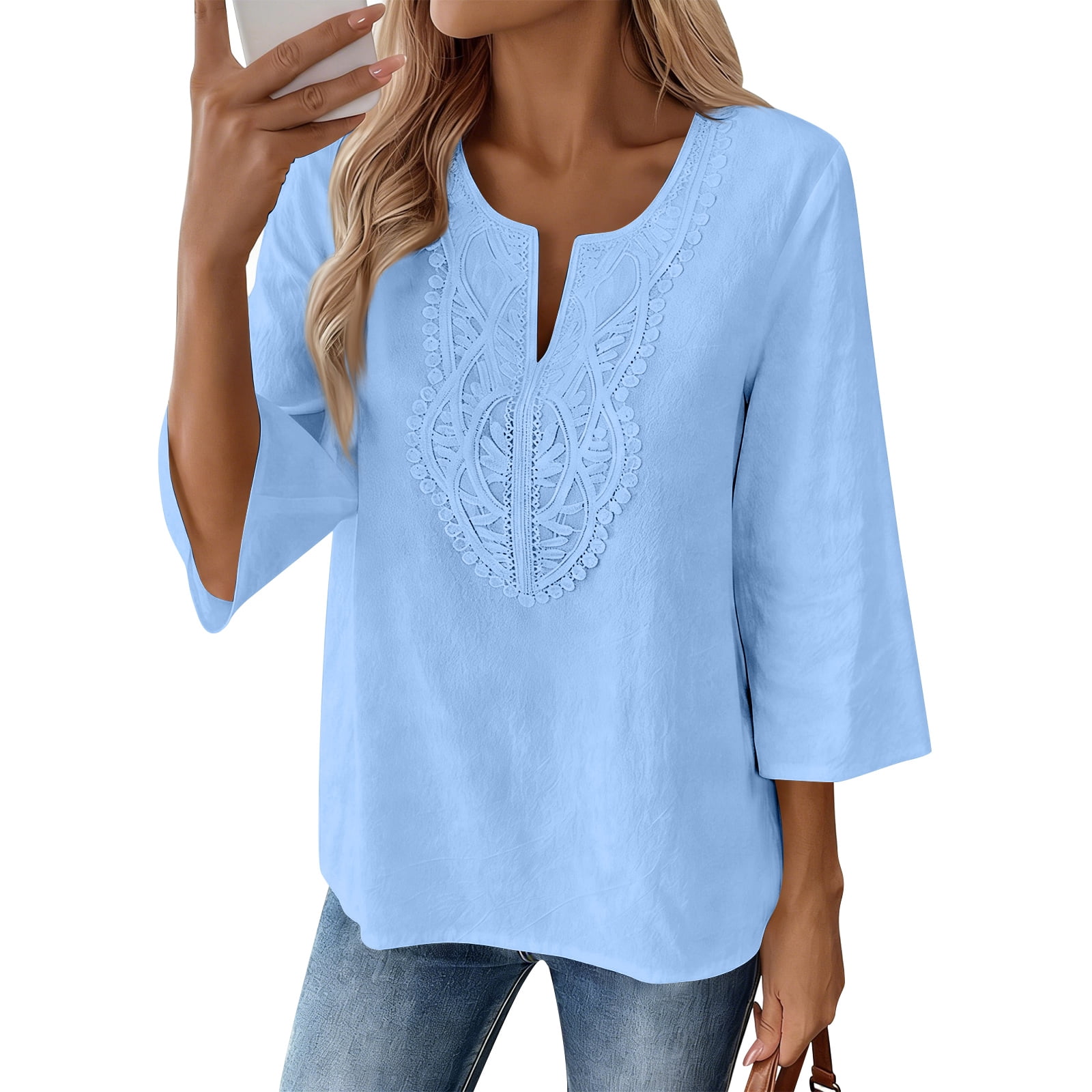 Dwralegc Boho Cotton Linen Tops for Women Lace Shirt V Neck Cotton ...