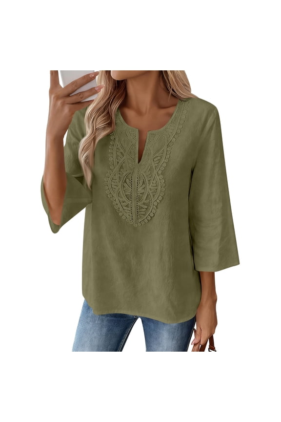 Boho Tops for Women Lace Shirts V Neck Cotton Linen Trendy Loose Clothes Boho 3/4 Sleeve Fashion Top Army Green 2XL